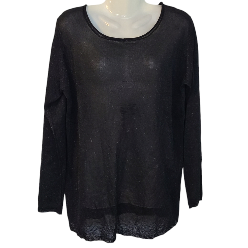 Carole Little Knitwear Womens L Black Metallic Speckle Sheer Sweater Vtg
